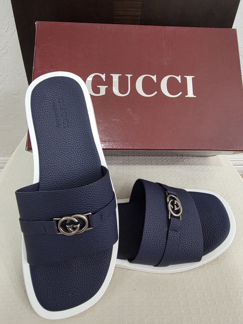 Gucci Navy Leather Slide Sandals with Silver Double G